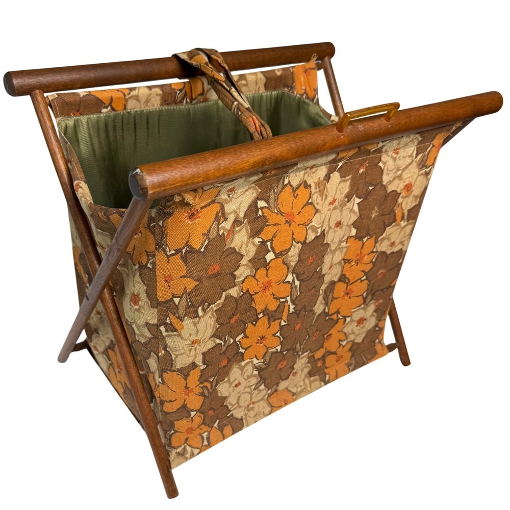 VTG Henry Seligman 70s Floral Folding Knitting Magazine Rack Wood Frame Tapestry